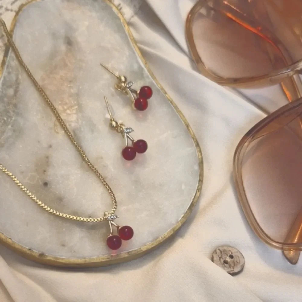 Gold Cherry Pendant Cable Necklace and Earrings Set In Gold Tone